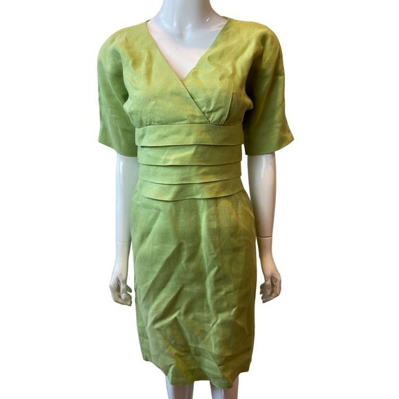 Nipon Boutique Womens Wrap Sheath Dress Layered Front 100% Linen Green Size 4 - Picture 1 of 7